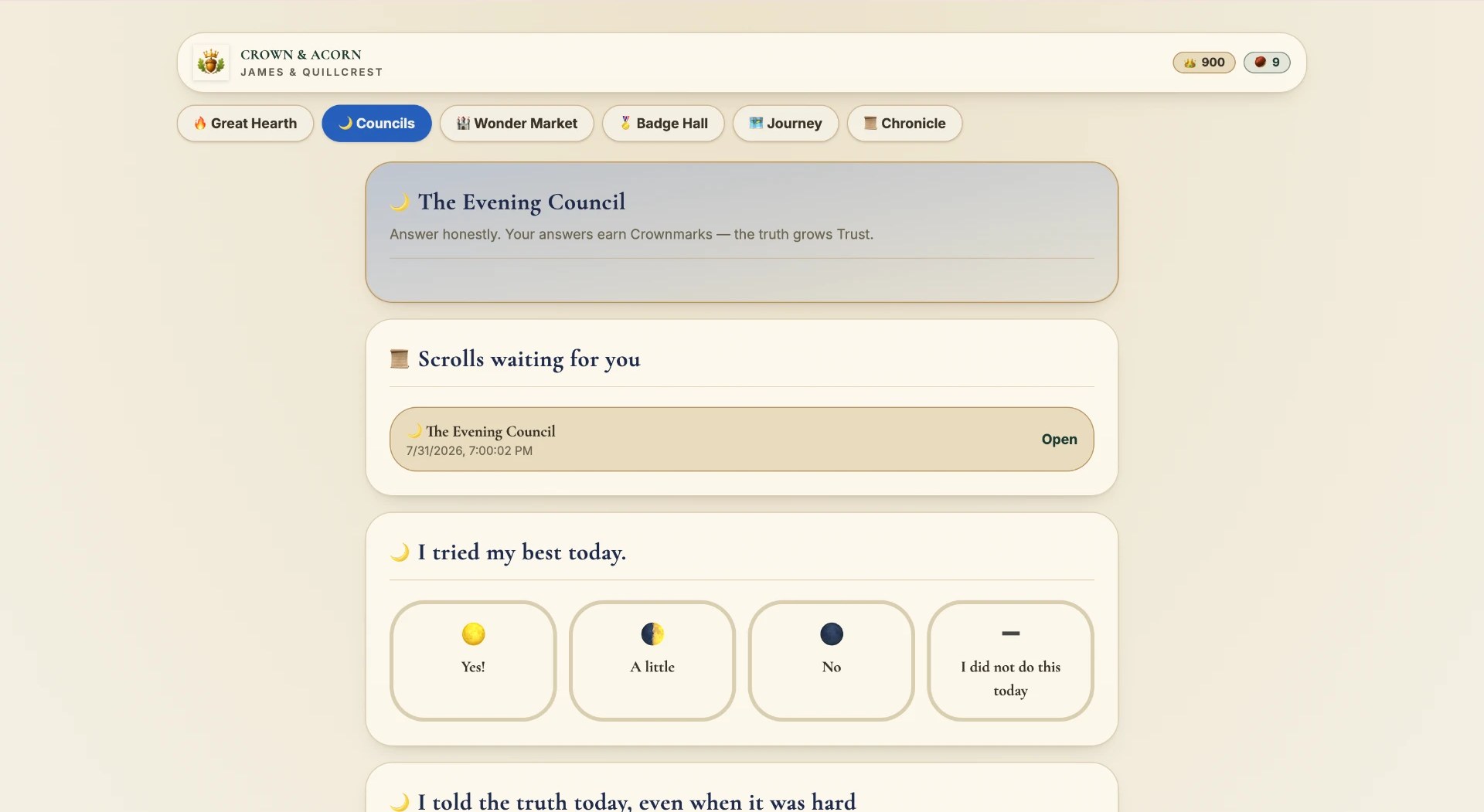 The Evening Council screen where a child answers the night's questions